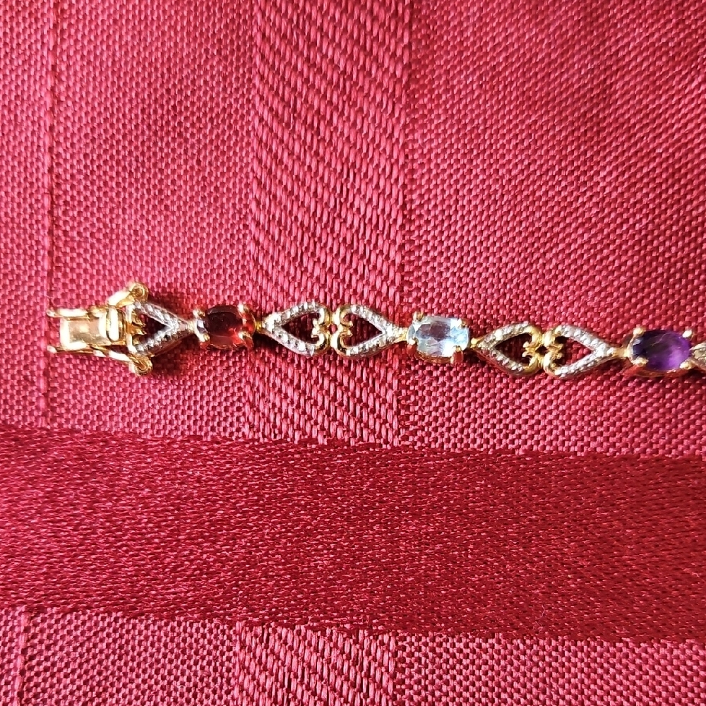 Elegant Multi-Stone Gold Bracelet Gold Plated Over Sterling.Eight Inches Long.